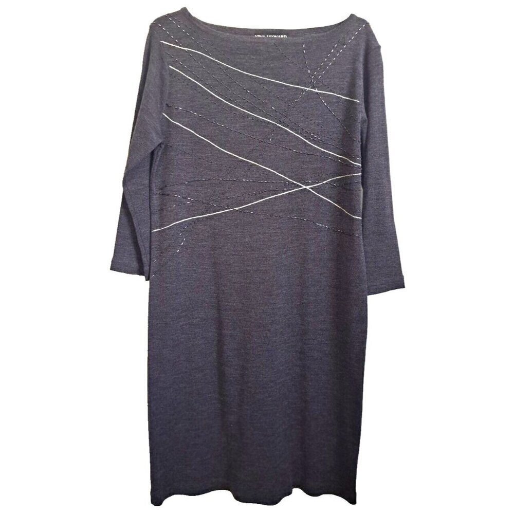 Nina Leonard Women's M 3/4 Sleeve Gray Knit Dress Beading Boatneck Wool Blend
